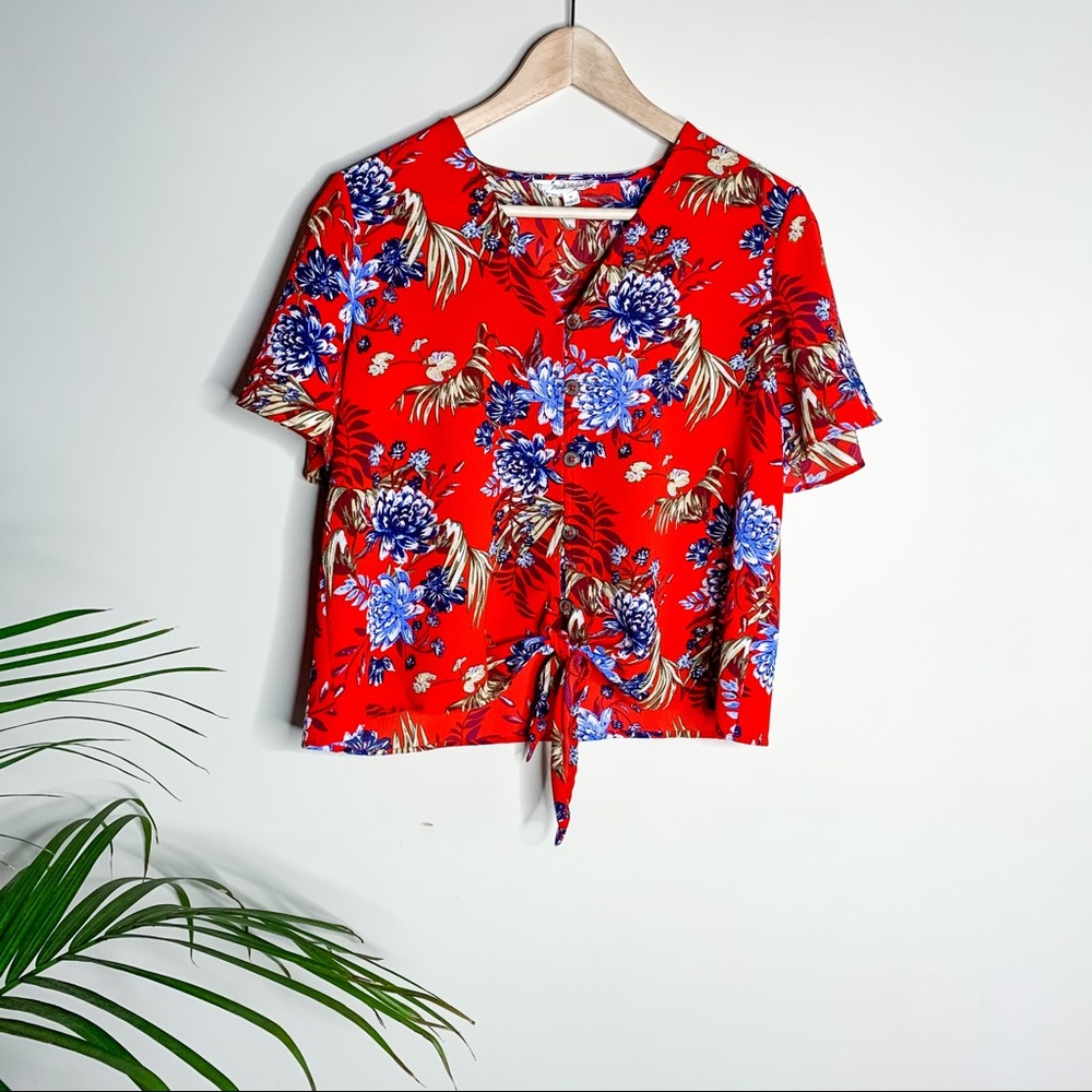 PINK ROSE VIBRANT FLORAL KNOT TOP